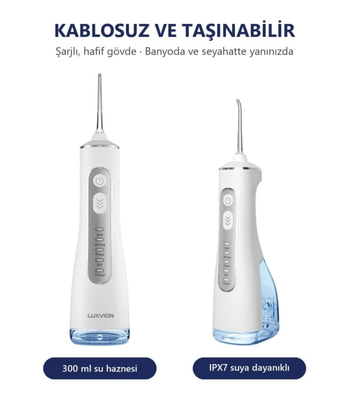 LUXVION ağız duşu ön ve yan görünüm, 300 ml su haznesi ve IPX7