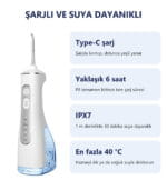 Ağız duşu Type-C şarj, yaklaşık 6 saat tam şarj, IPX7 ve en fazla 40 °C su