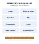 LUXVION Şarjlı Tüy Toplayıcı kullanım alanları: kazak, mont, pantolon, atkı, bere, çorap, peluş oyuncak, kanepe örtüsü