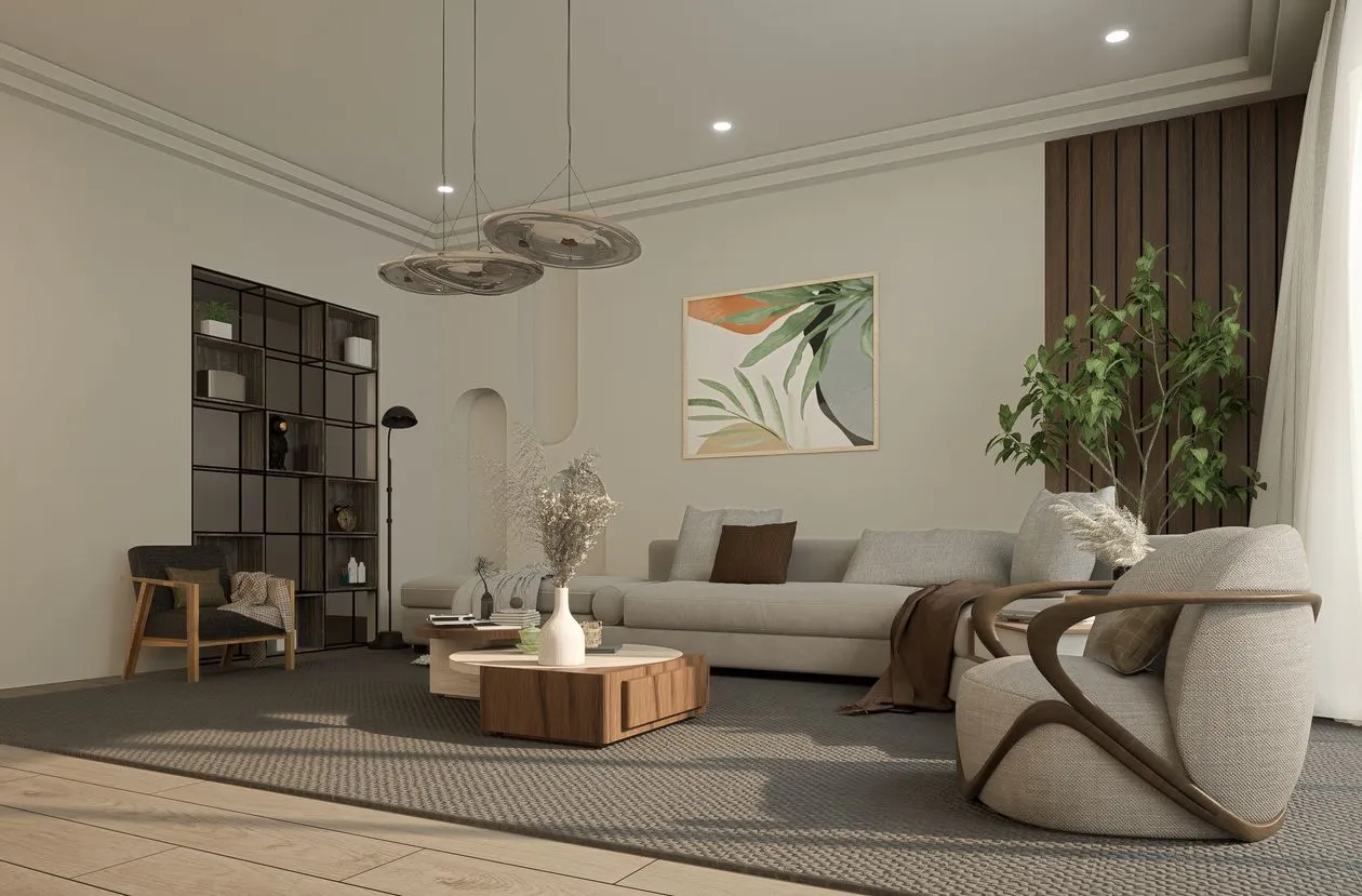 Açık renkli köşe kanepe, tek tablo ve bitkilerle döşenmiş sade, minimalist bir salon
